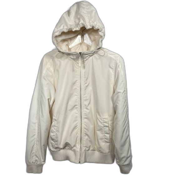 Tommy Hilfiger Jacket SZ L Ladies Cream Fleece Lined Hooded Zip Up Pockets - Picture 1 of 15